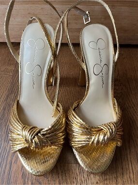 Jessica Simpson Immie Metallic Gold Knot Slingback Heels Size 6